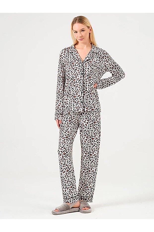 Women's Buttoned Leopard S-Xl Pajama Set - Brown