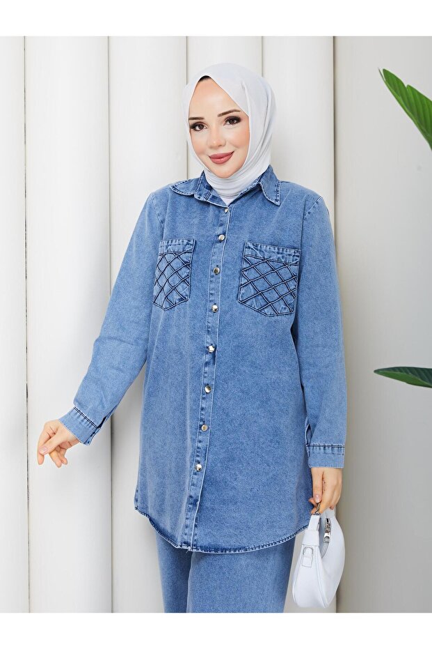 Women's Hijab Denim Suit with Front Button Pocket Detail, Jacket, Tunic and Long Pants Set