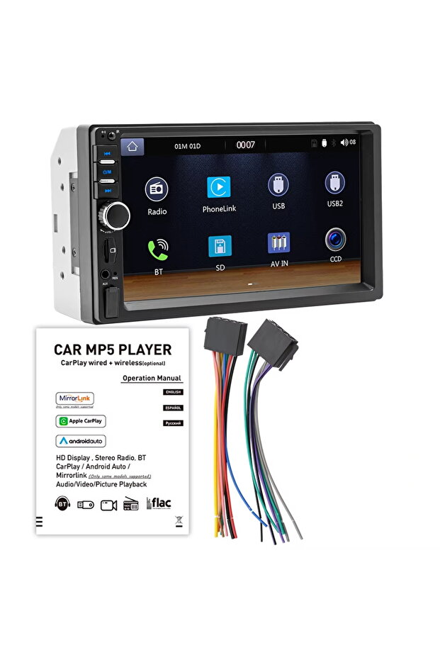 مشغل سيارة 2Din Carplay مقاس 7 بوصات، مشغل سيارة يعمل بنظام Android Auto، مزود بمنفذ USB مزدوج، شاشة تعمل باللمس، مشغل MP5 عالي الدقة للسيارة، USB
