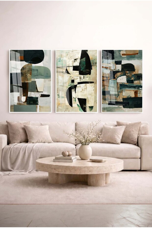 Earth Tones Geometric Patterned Boho 3-Piece Glass Painting Set - White Metal Framed Home and Office Painting
