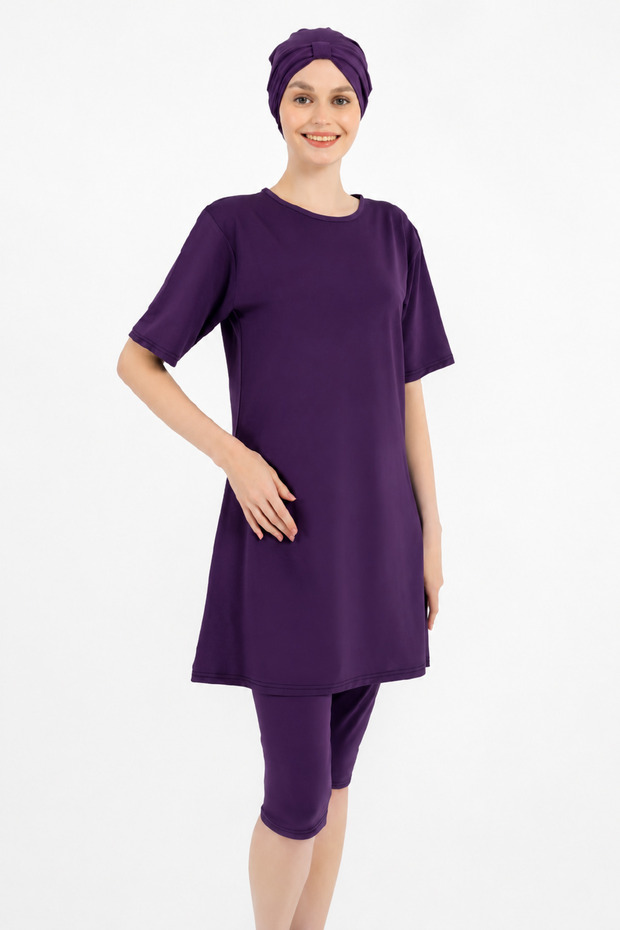 Purple Islamic Swimwear Set Plus Size Includes Cap Half Sleeve Stretchy Fabric Swimwear Set