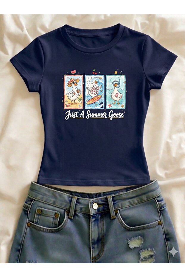 Just a Summer Goose Printed Lycra Slim Fit Short Sleeve Crew Neck Tee Crop