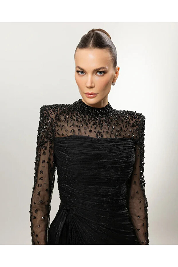 Long Sleeve Stone Embellished Draped Slit Evening Dress