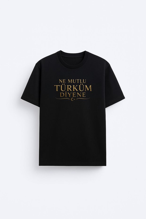 Ne Mutlu Türküm Diyene Gold Printed Cotton Fabric Black T-Shirt T-Shirt