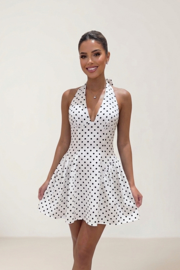 Women's White Polka Dot Halter Neck Backless Mini Dress
