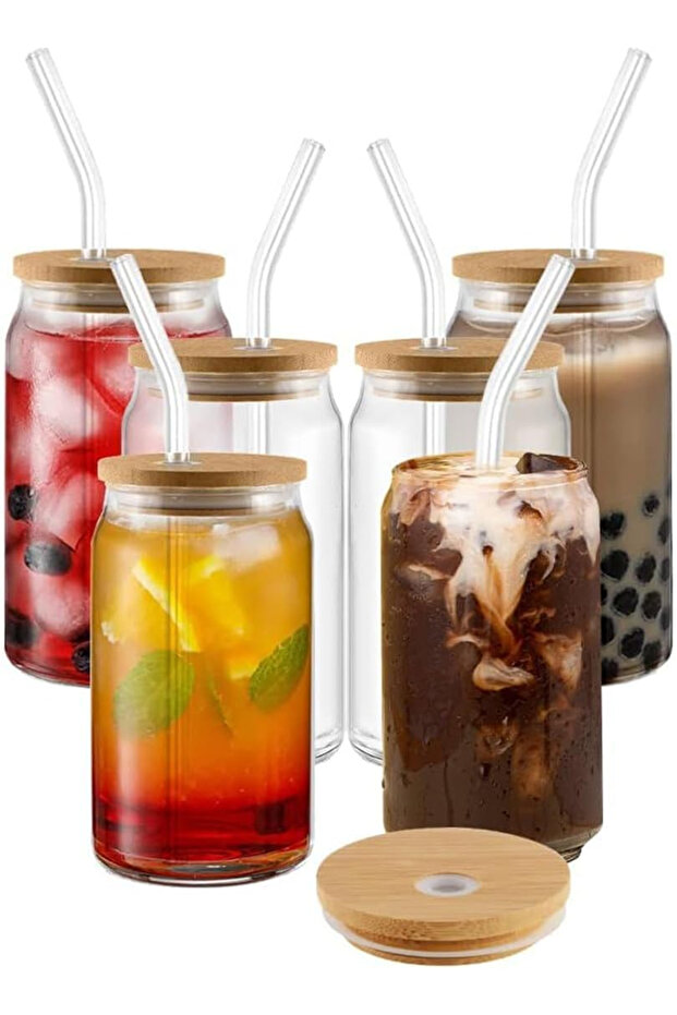 Silk Route - Eco-Friendly Glass Cans with Bamboo Lids, 500ml Drinking Cups for Water, Juice & Mixed