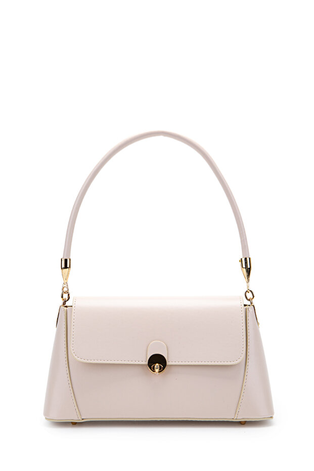 Clamshell Lock Detailed Baguette Women's Shoulder Bag Oslo Cream