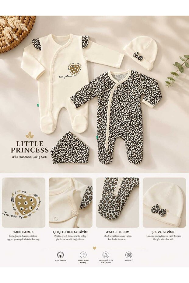 İncibaby Begisa 100% Cotton Leopard Pattern 4 Piece Baby Girl Romper Set 0-3 Months