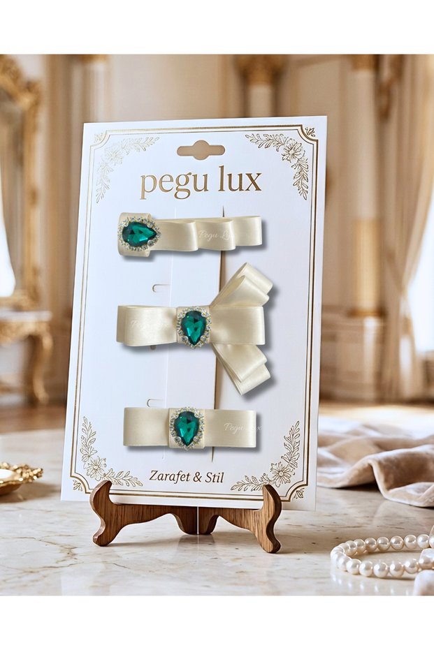 3-Piece Little Mini Lux Ecru Satin Ribbon with Stone-Set Clasp, Holiday, Celebration, Special Day