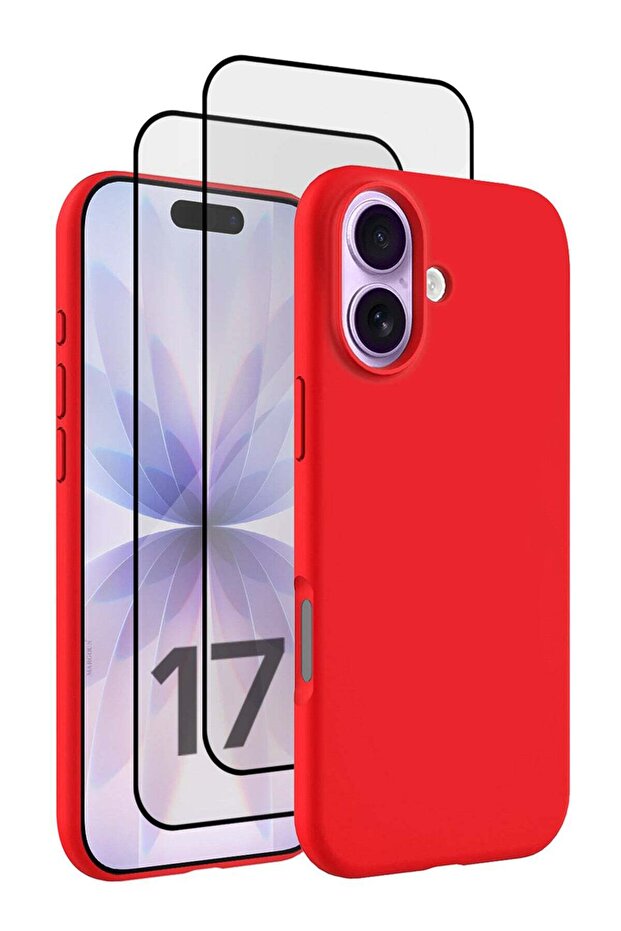 3Packs Liquid Silicone Protective Phone Case for iPhone 17 , Soft Anti-Scratch Microfiber Lining Ultra Slim Drop Protection Phone Cover with Two 3D Screen Protectors - Red-3
