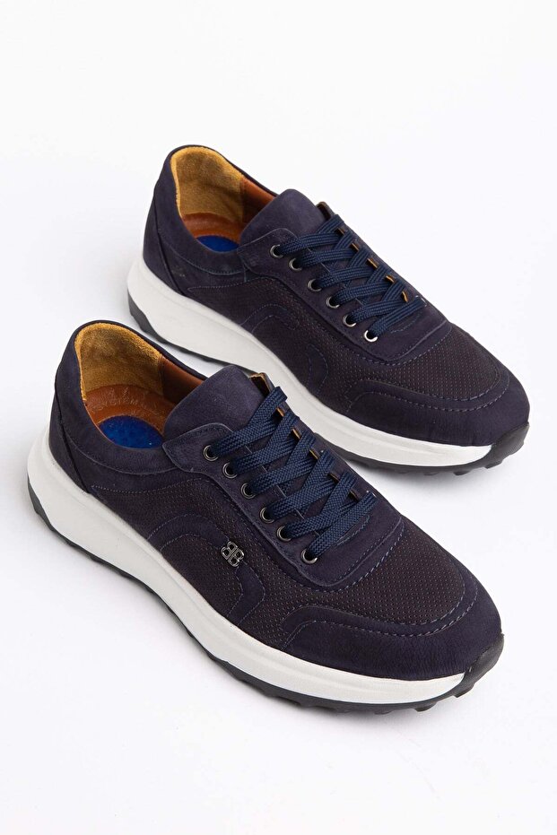 Genuine Leather Nubuck Ekek Casual Shoes Navy Blue Side Laser Printed Tied Nylon Sole