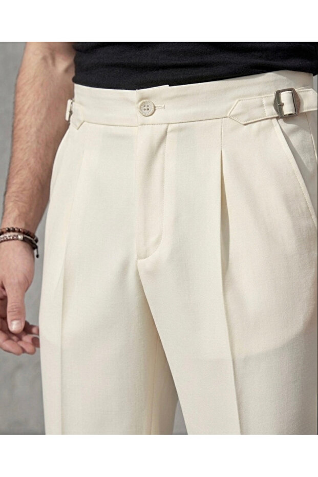 Baggy Self-Belted Fabric Trousers Cream