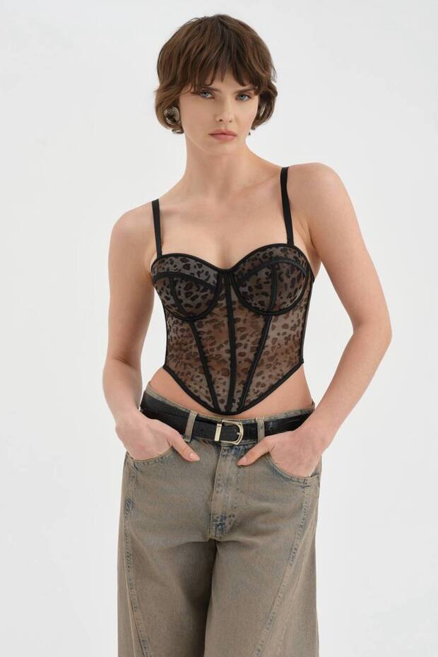 Women's Underwire Leopard Fabric Detailed Design Corset