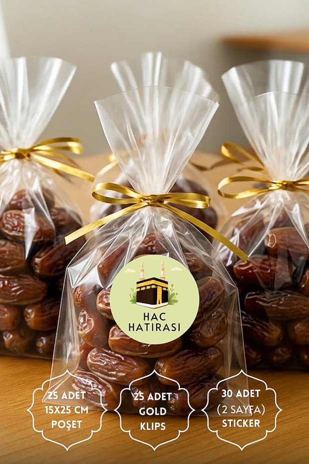 25-Piece Hajj and Umrah Gift Packaging Set (25 Transparent Bags 15X25Cm, 25 Gold Clips, 30 Stickers)