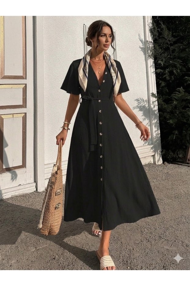 Black Women's Ribbed Midi Length Buttoned Dress | Belted Summer Dress | Daily Stylish Comfortable Combination