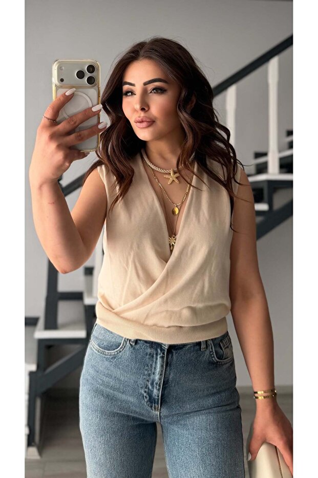 Stone lyocell blend crossover blouse