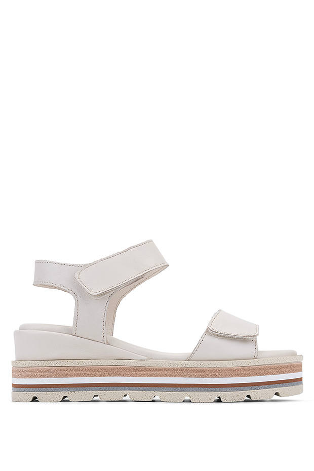 Women's Genuine Leather Beige Flat Sandals
