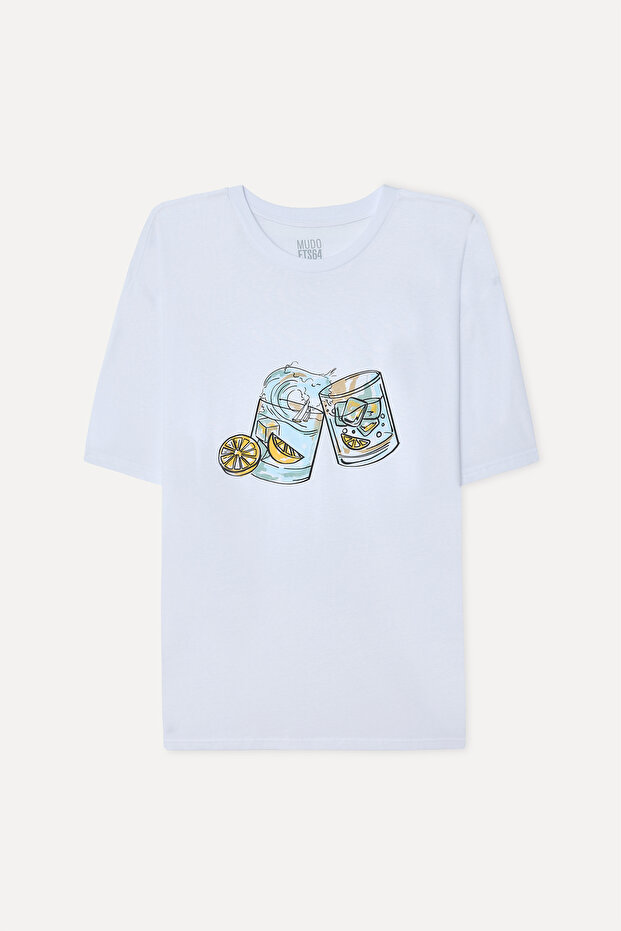 Men's White Printed Comfort Fit Crew Neck T-Shirt