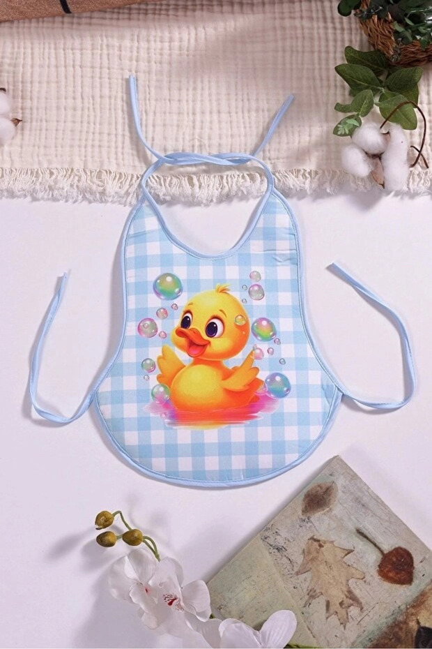 Plaid Blue Chick Patterned Liquid-Proof Pear Apron with Neck and Waist Ties 6-18 Months