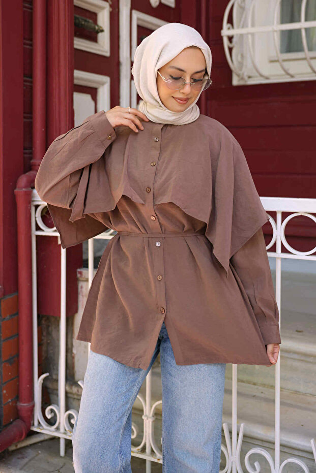 Brown Cape Collar Shirt with Tie