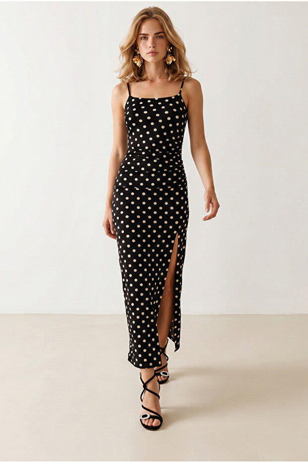 Women's Black Strappy Slit Polka Dot Polyamide Dress Elb-19002657