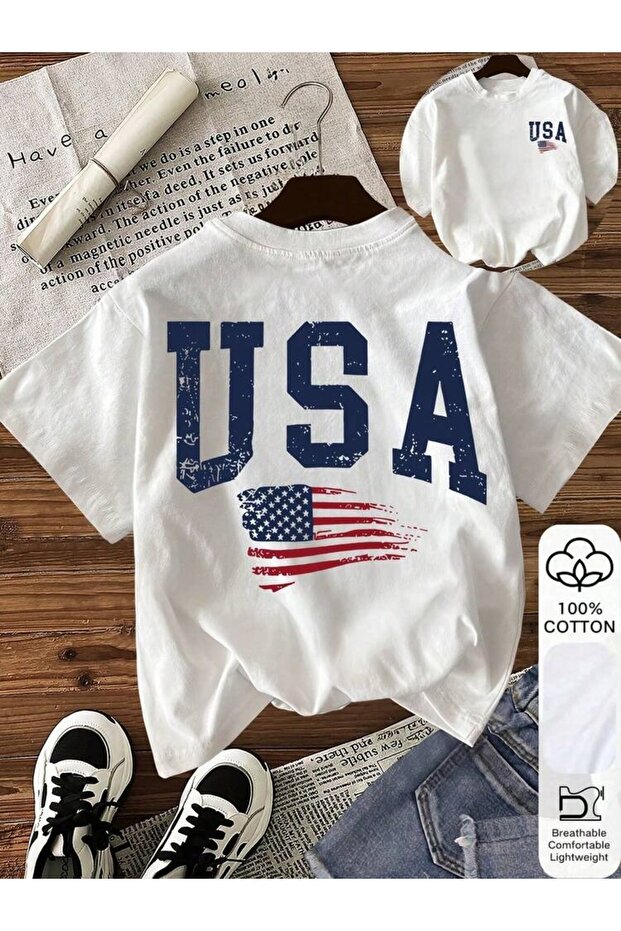 Usa Printed White Oversize Unisex T-Shirt Basic Comfortable Fit Daily Tshirt