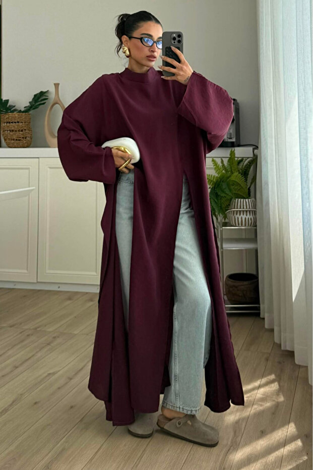 Burgundy Slit Design Abaya - 8515