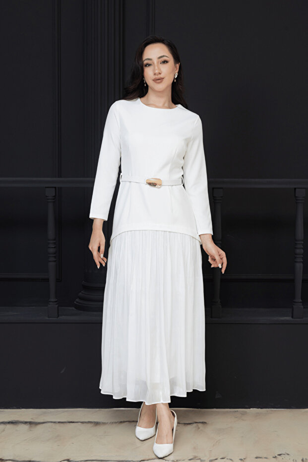Üst Atlas Alt Chiffon Long Dress - White
