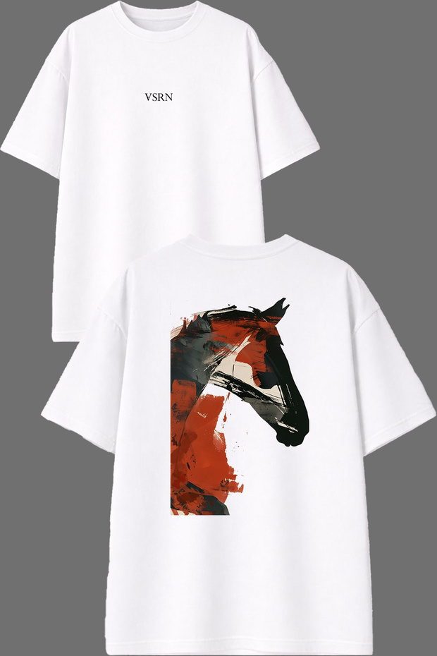 Painted Horse Design Front and Back Printed White Oversize T-Shirt