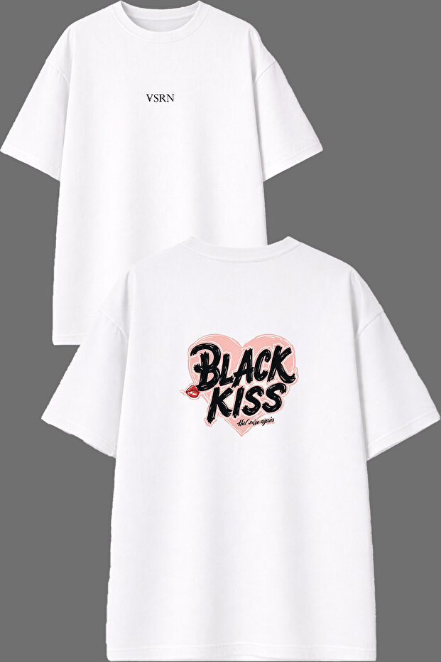 تي شيرت أسود بتصميم Kiss مطبوع من الأمام والخلف باللون الأبيض مقاس كبير