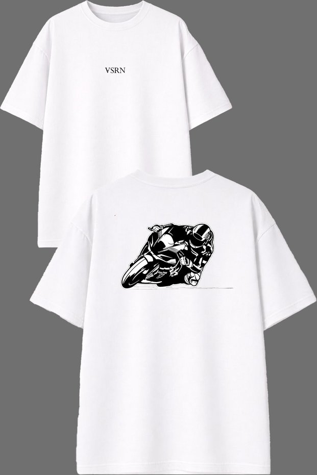 Racing Engine Design Front and Back Printed White Oversize t Shirt