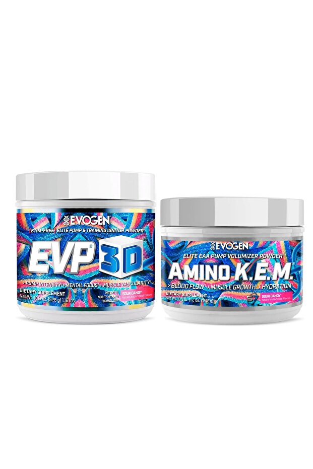 EVP 3D Amino K.E.M. Bundle – Stim Free Pre Workout Powder & EAA/BCAA Pump Volumizer for Muscle Growth, Hydration & Performance | Sour Candy