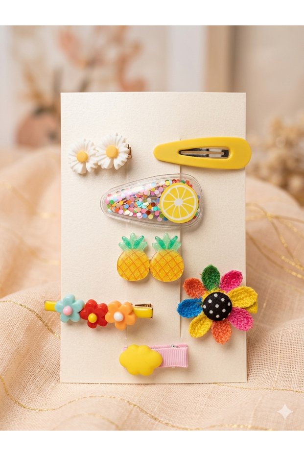 Girl's Colorful Snap Buckle and Side Buckle Set with Fruit and Daisy Figures, Set of 7