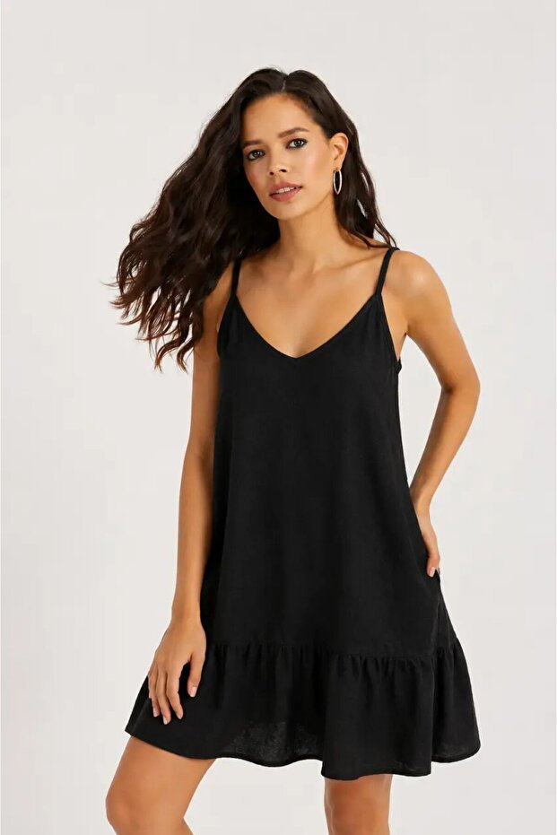 Casual Cut Black Linen Look Dress