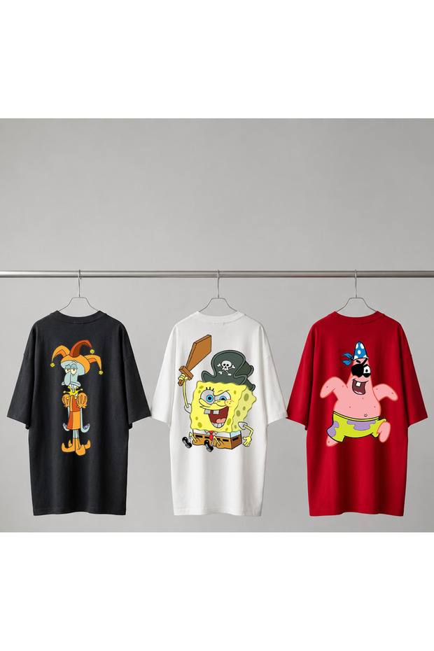 Sponge Bob Patterned Set of 3 Unisex Special Design Premium Cotton T-Shirts