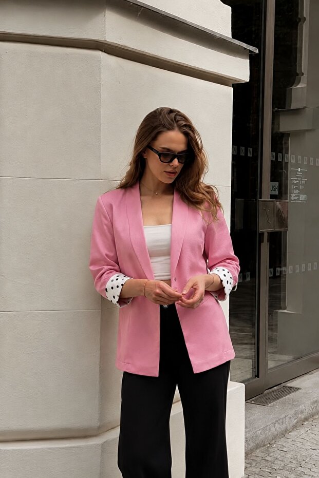 Women's Pink Shawl Collar Quarter Sleeve Jacket with Polka Dot Cuffs Without Buttons Arm-26Y001119