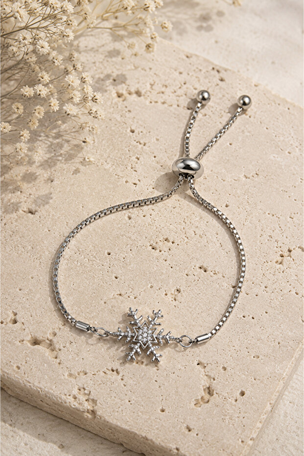 Zircon Stone Snowflake Detailed Adjustable Women's Bracelet with Lift Chain