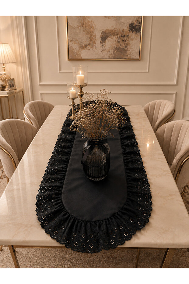Scalloped Ruffled Duck Linen Black Runner & Decorative Tablecloth (45X 115 cm)