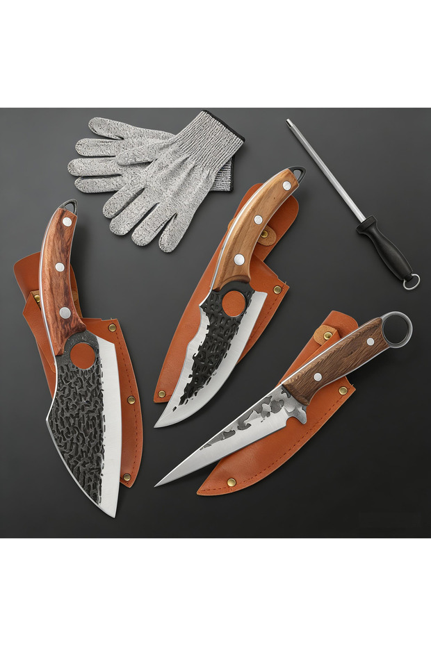 Professional Kitchen Knife Set for Precision Meat Cutting & Slicing, Includes Ergonomic Grip Knives, Protective Sheaths, Sharpening Rod, and Cut-Resistant Gloves for Home Chefs & Culinary Enthusiasts
