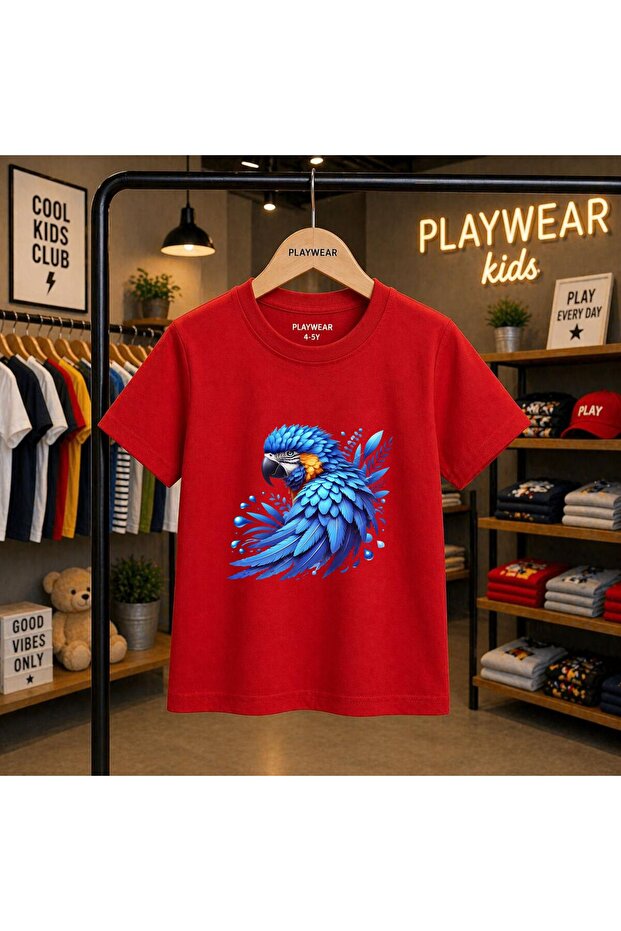 Blue Parrot Printed 100% Kids Unisex T-Shirt 5 6 -7 8-9 10 -11 12 Years Old