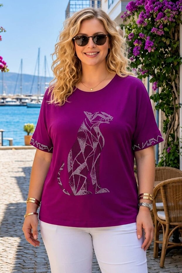 Women's Plus Size Stone Printed Comfortable Fit Short Sleeve T-Shirt