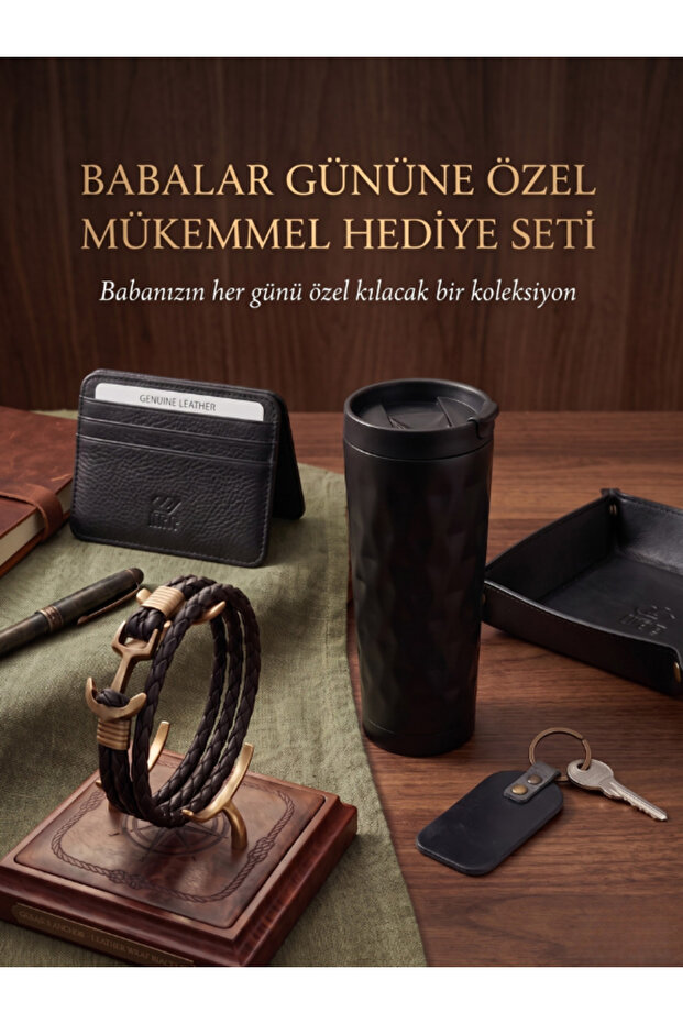 Aten Genuine Leather Handcrafted Card Holder Bracelet, Keychain, and Thermos Mug Set Father's Day Gift