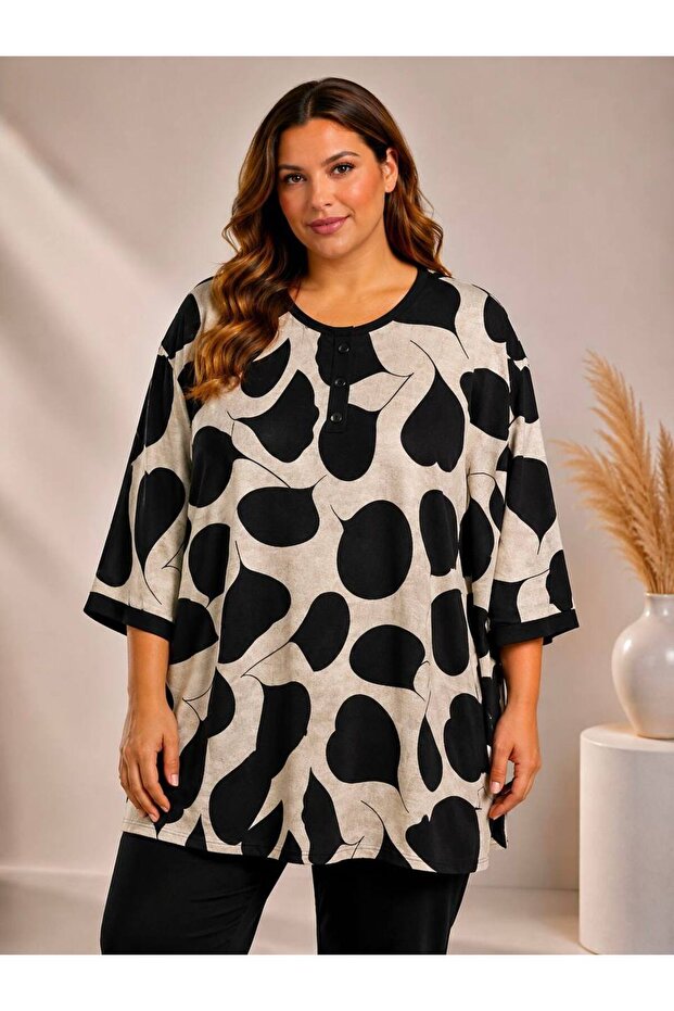 Black Patterned Standard Size 50,52,54,56,58 Plus Size Blouse