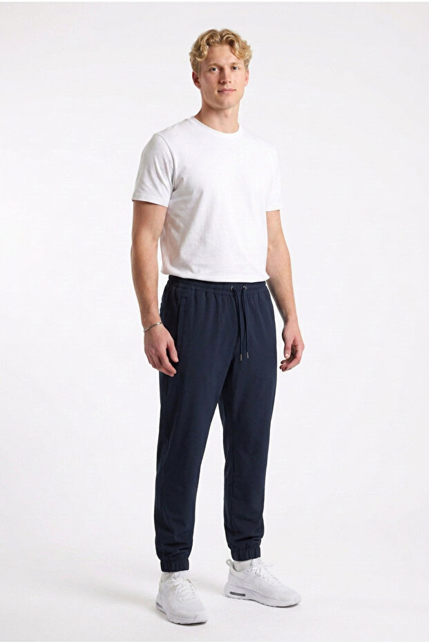 Men's Navy Blue Elastic Leg Parachute Flexible Jogger Pants with Zipper Pockets