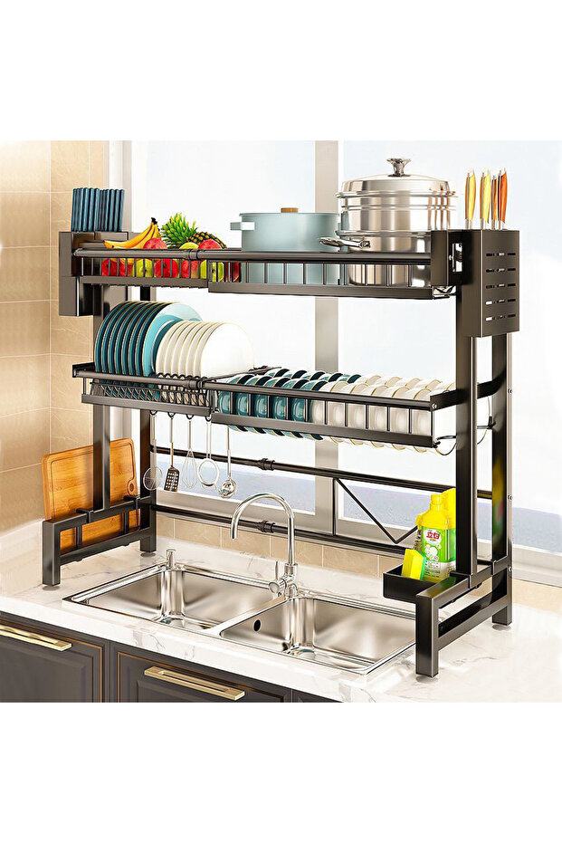 Black Slim Over-the-Sink Double-Layer Drainer Rack, Carbon Steel Adjustable Shelf, Multifunctional Drain Basket with Knife Holder and Cutting Board Hooks, Easy Assembly, Space-Saving