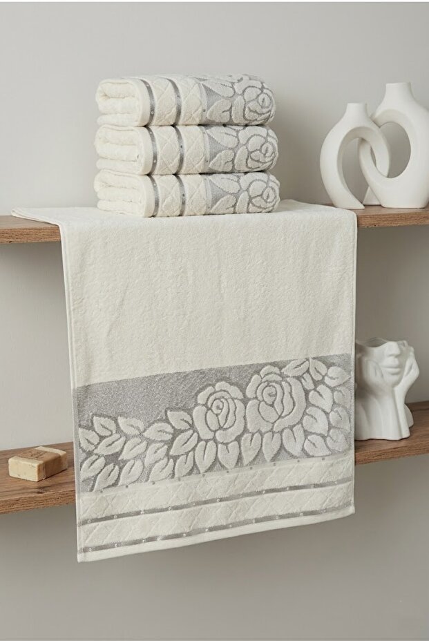 3-Piece Dowry Set with Rose Patterned Velvet Hand and Face Towels 50X90 cm