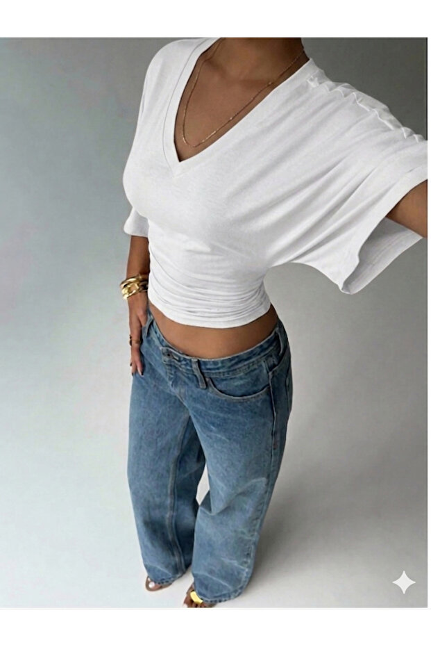 Waist-Slit Wide-Sleeve V-Neck Blouse