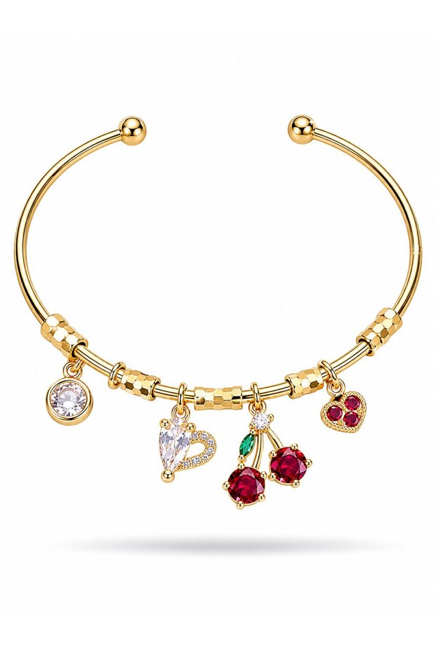 Brass Gold Color Dangle Red Zircon Stone Cherry Figure Charm Women's Bracelet