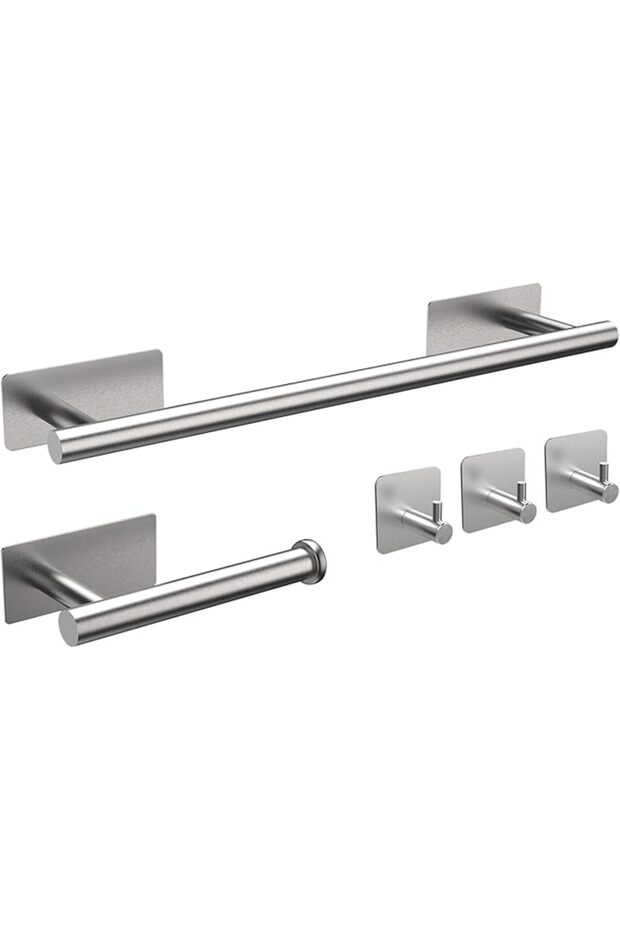 Self-Adhesive Towel Rail, 5-Piece Bathroom Accessories Kit, 16 inch/40cm Wall-Mounted Towel Holder