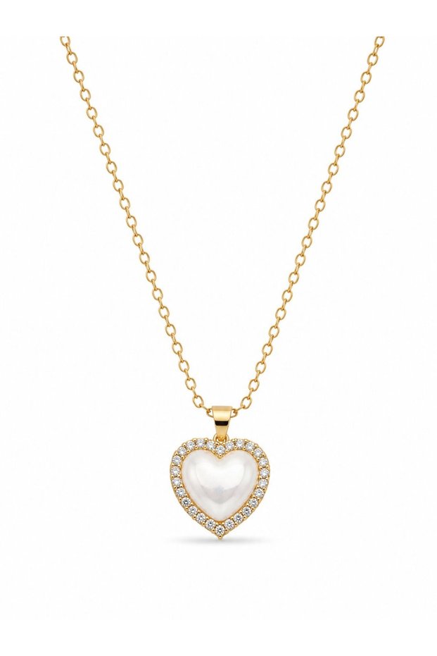 316L Steel Gold Color Pearl Heart Model Zircon Stone Women's Necklace